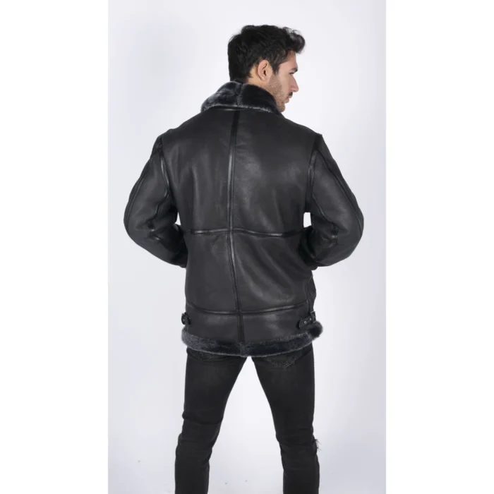 Mens Genuine Sheepskin Leather B3 Flying Aviator Jacket Black Grey Fur - Image 6