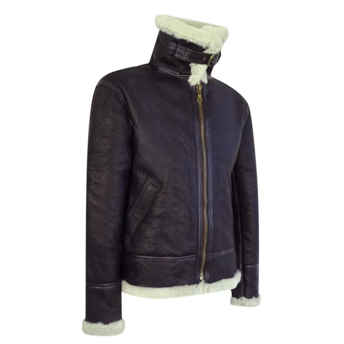 Mens Vintage Brown Real Sheepskin Zip Flying Jacket Pilot Flight Ginger Cream - Image 4