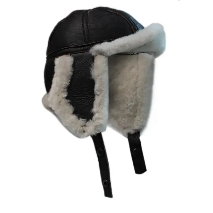 Mens Genuine Sheepskin Pilot Aviator Trapper Hat Brown Ginger Beige Flying - Image 1