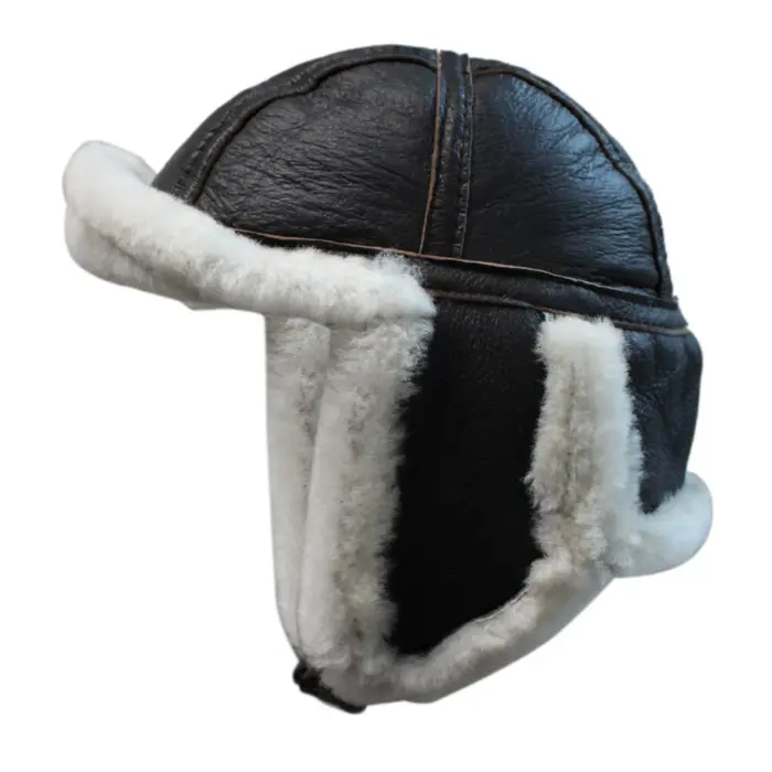 Mens Genuine Sheepskin Pilot Aviator Trapper Hat Brown Ginger Beige Flying - Image 2