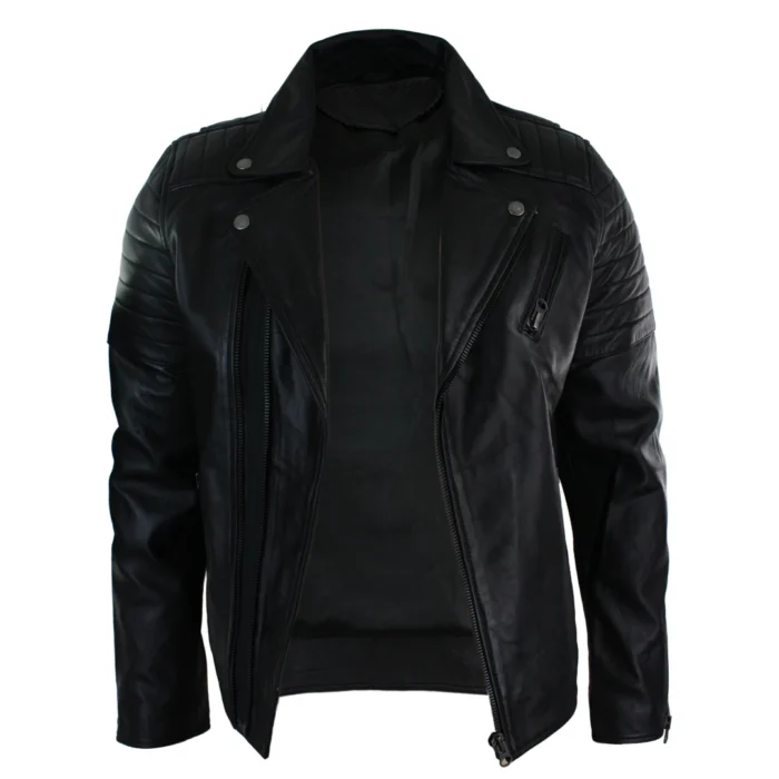 Mens Slim Fit Cross Zip Retro Vintage Brando Real Leather Jacket Vintage Biker - Image 4