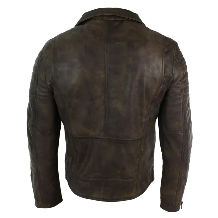 Mens Slim Fit Cross Zip Retro Vintage Brando Real Leather Jacket Vintage Biker - Image 11