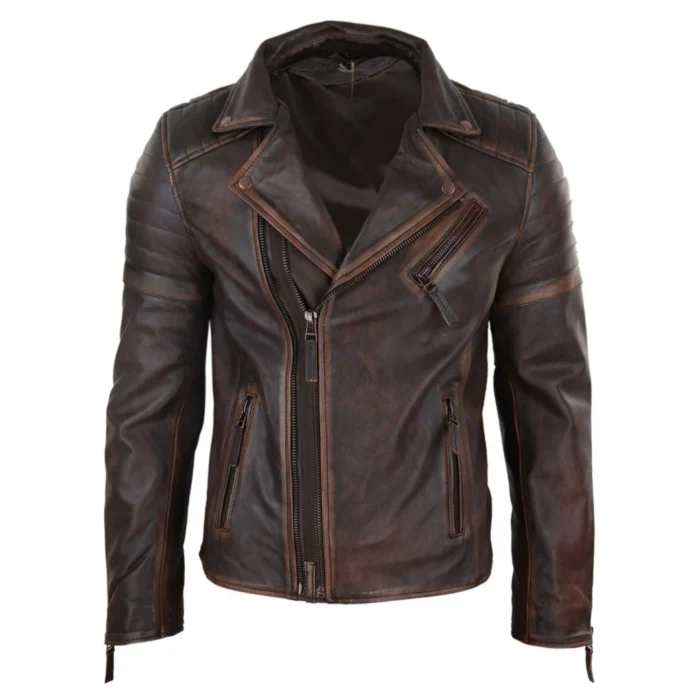 Mens Slim Fit Cross Zip Retro Vintage Brando Real Leather Jacket Vintage Biker - Image 12