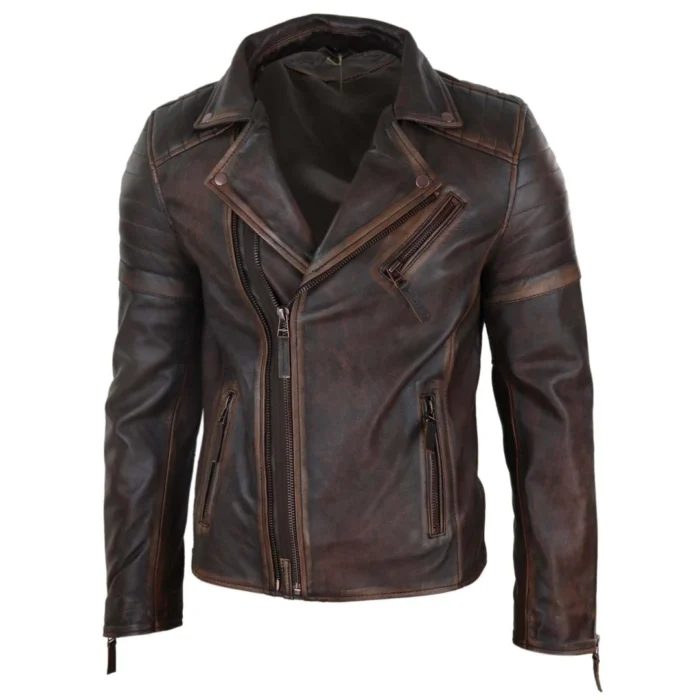 Mens Slim Fit Cross Zip Retro Vintage Brando Real Leather Jacket Vintage Biker - Image 13