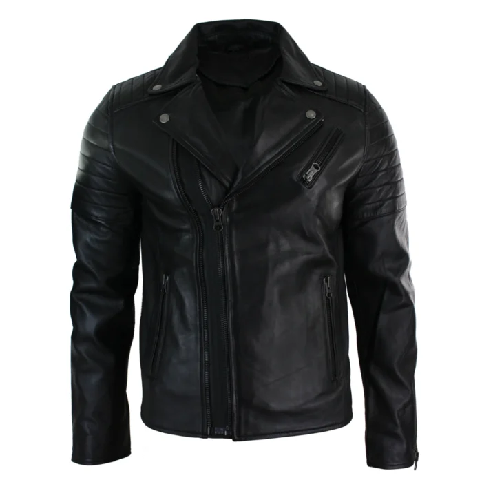 Mens Slim Fit Cross Zip Retro Vintage Brando Real Leather Jacket Vintage Biker - Image 1