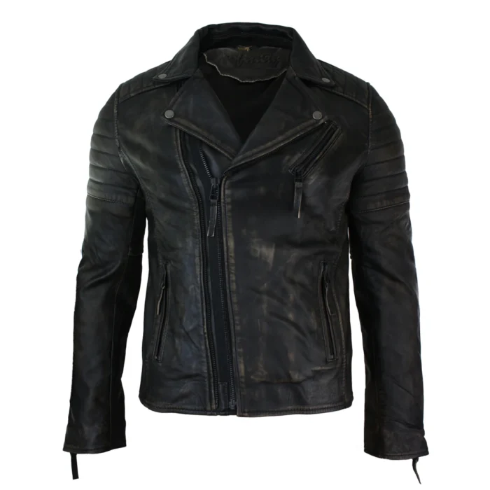 Mens Slim Fit Cross Zip Retro Vintage Brando Real Leather Jacket Vintage Biker - Image 23