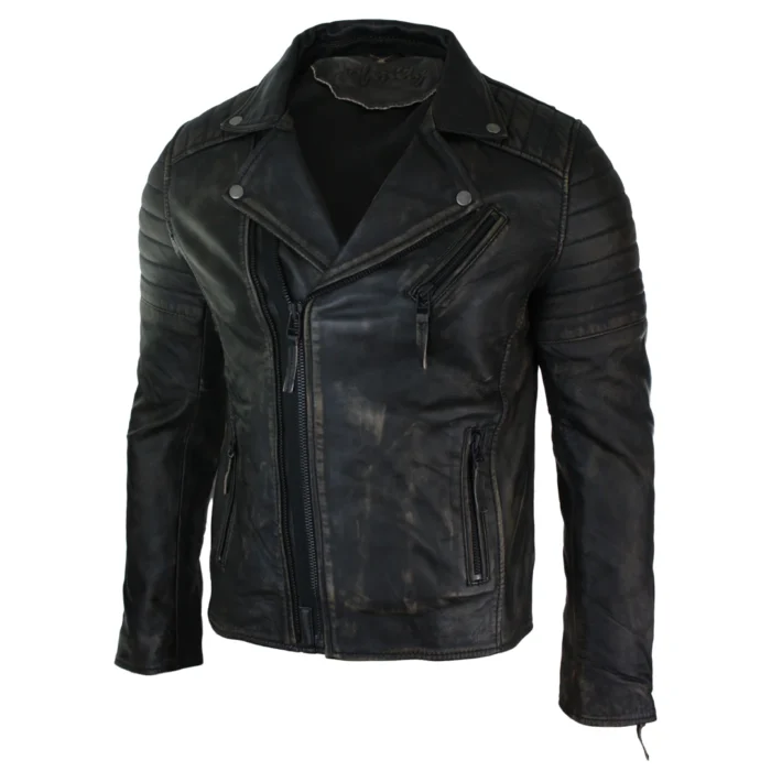Mens Slim Fit Cross Zip Retro Vintage Brando Real Leather Jacket Vintage Biker - Image 24