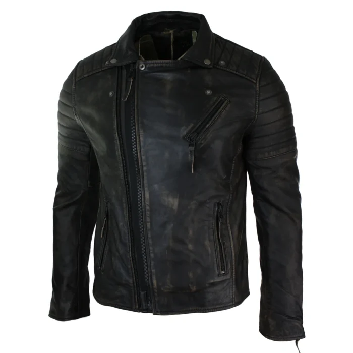 Mens Slim Fit Cross Zip Retro Vintage Brando Real Leather Jacket Vintage Biker - Image 25