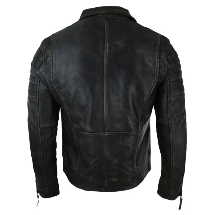 Mens Slim Fit Cross Zip Retro Vintage Brando Real Leather Jacket Vintage Biker - Image 26