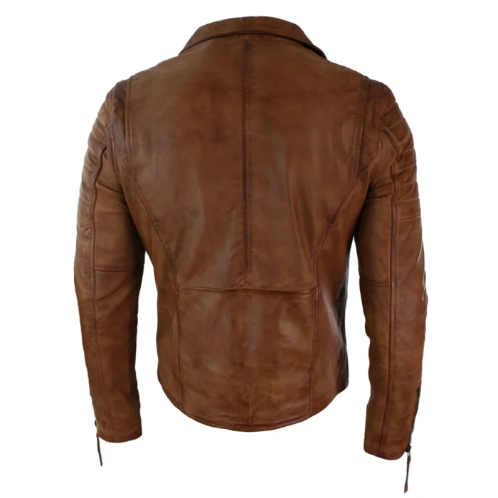 Mens Slim Fit Cross Zip Retro Vintage Brando Real Leather Jacket Vintage Biker - Image 30