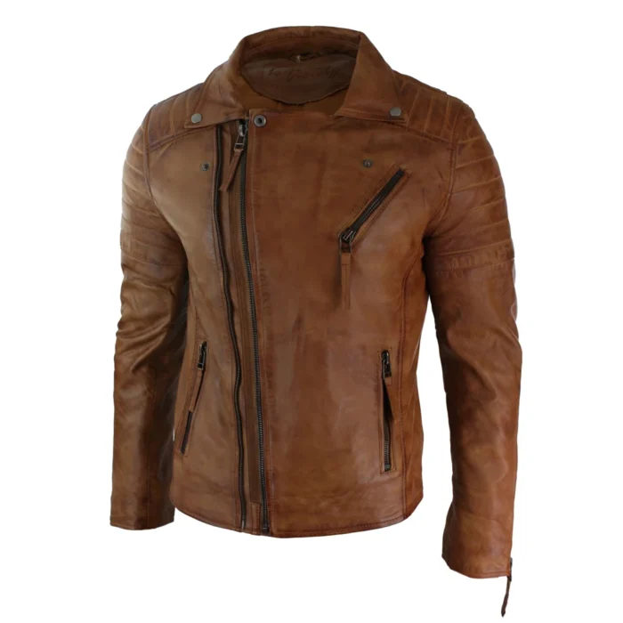 Mens Slim Fit Cross Zip Retro Vintage Brando Real Leather Jacket Vintage Biker - Image 29