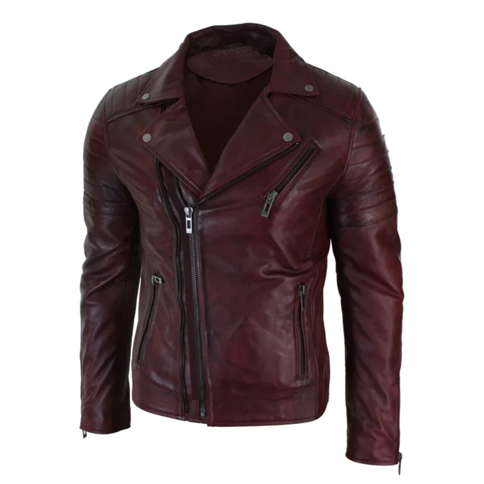 Mens Slim Fit Cross Zip Retro Vintage Brando Real Leather Jacket Vintage Biker - Image 32
