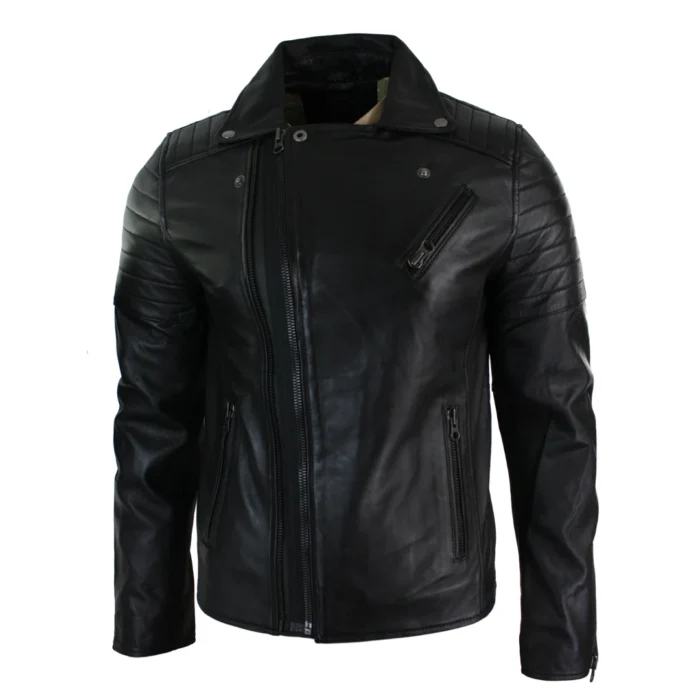 Mens Slim Fit Cross Zip Retro Vintage Brando Real Leather Jacket Vintage Biker - Image 3