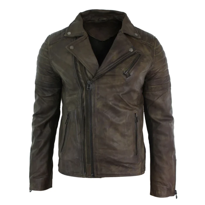 Mens Slim Fit Cross Zip Retro Vintage Brando Real Leather Jacket Vintage Biker - Image 7
