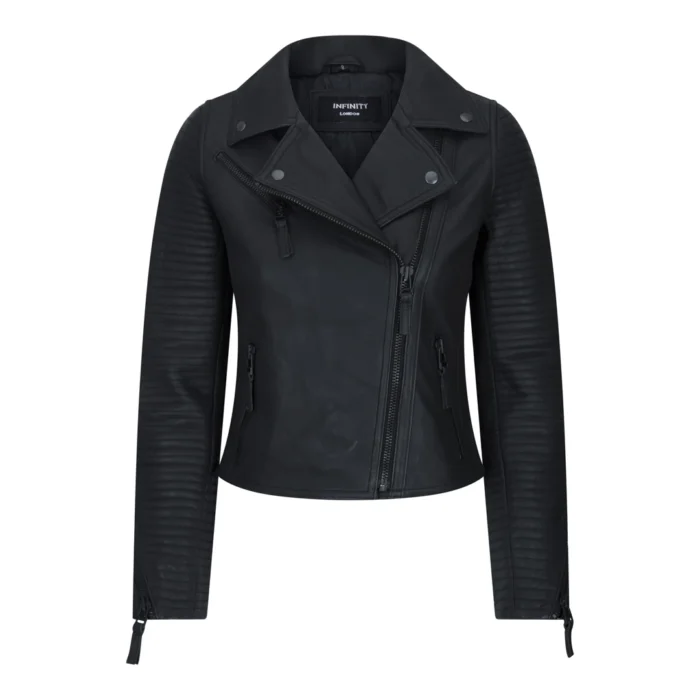 Womens Cross Zip Biker Leather Jacket Matt Black Stitch Design Slim Fit Vintage Retro - Image 1