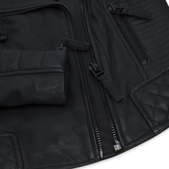 Womens Cross Zip Biker Leather Jacket Matt Black Stitch Design Slim Fit Vintage Retro - Image 3
