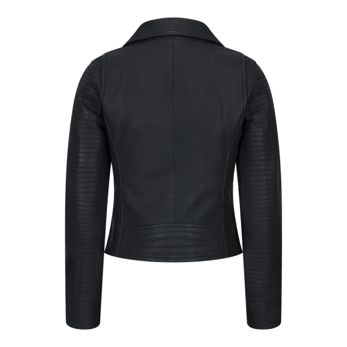 Womens Cross Zip Biker Leather Jacket Matt Black Stitch Design Slim Fit Vintage Retro - Image 4
