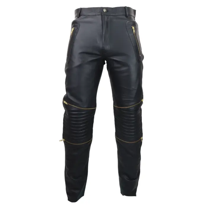 Mens Black White Real Leather Jeans Gold Zips Retro Classic Vintage Goth Punk - Image 1