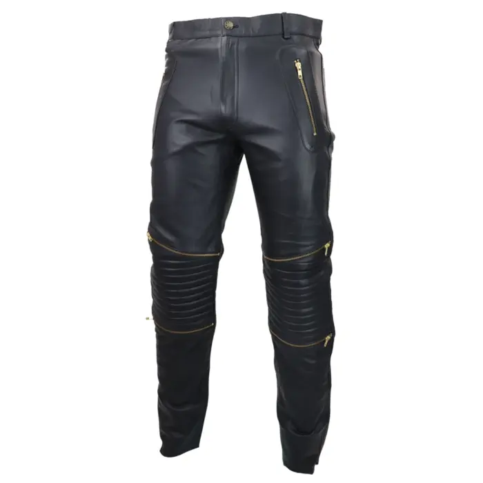 Mens Black White Real Leather Jeans Gold Zips Retro Classic Vintage Goth Punk - Image 2