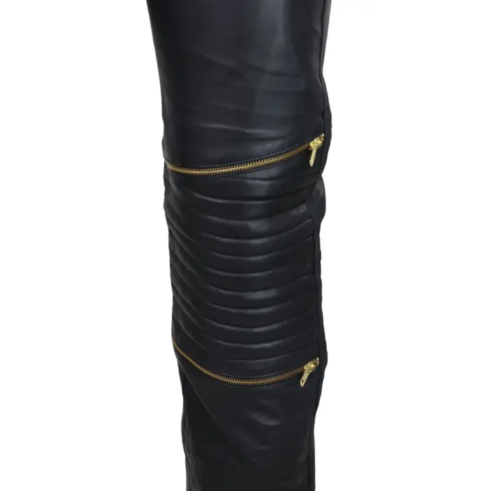 Mens Black White Real Leather Jeans Gold Zips Retro Classic Vintage Goth Punk - Image 3