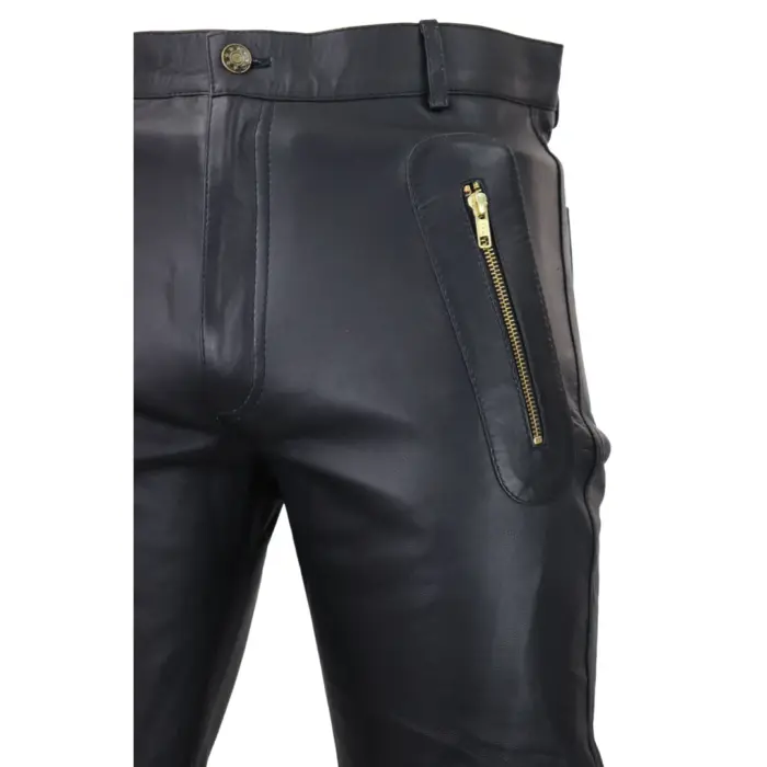 Mens Black White Real Leather Jeans Gold Zips Retro Classic Vintage Goth Punk - Image 4