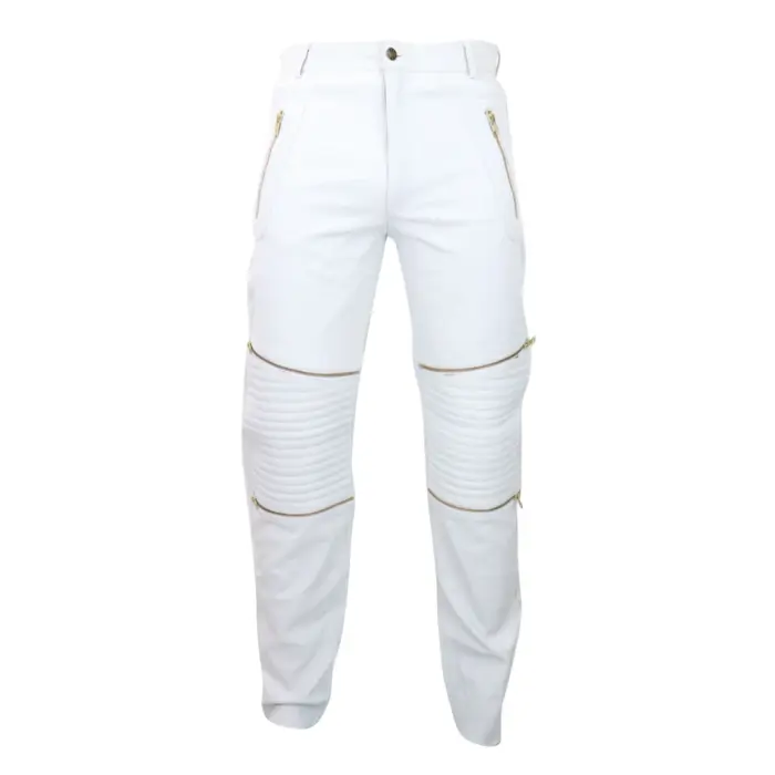 Mens Black White Real Leather Jeans Gold Zips Retro Classic Vintage Goth Punk - Image 6