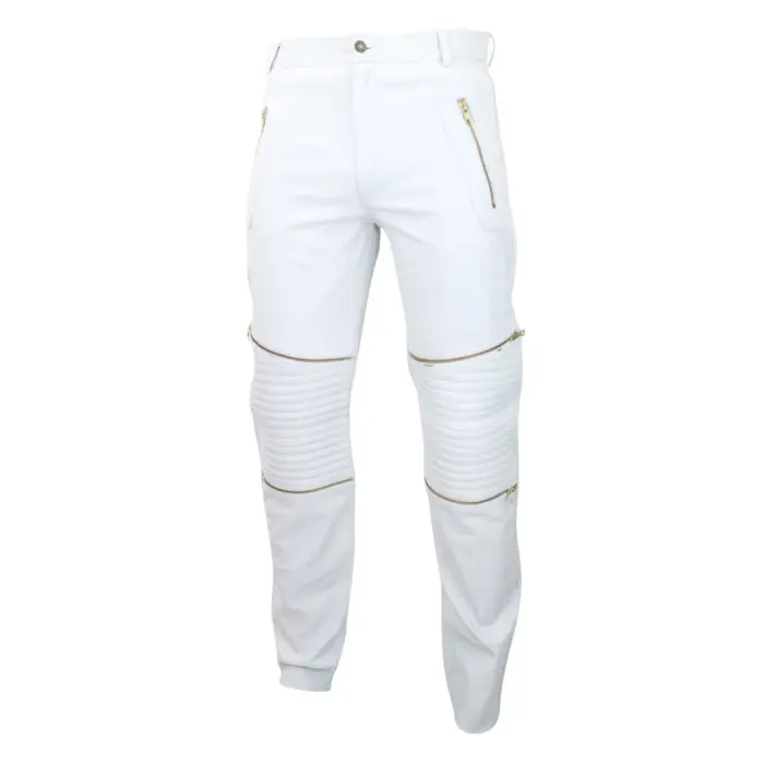 Mens Black White Real Leather Jeans Gold Zips Retro Classic Vintage Goth Punk - Image 7