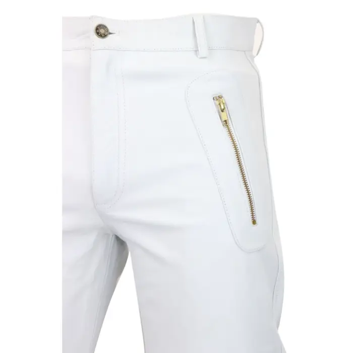 Mens Black White Real Leather Jeans Gold Zips Retro Classic Vintage Goth Punk - Image 9
