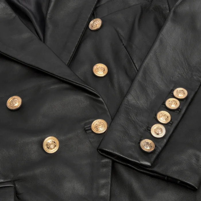 Womens Real Leather Jacket Short Retro Vintage Medieval Goth Punk Black Gold - Image 4