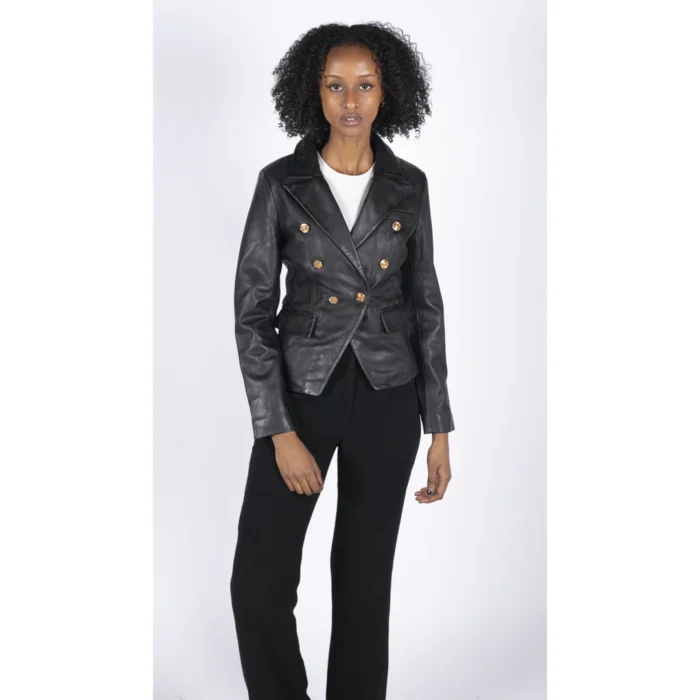 Womens Real Leather Jacket Short Retro Vintage Medieval Goth Punk Black Gold - Image 2