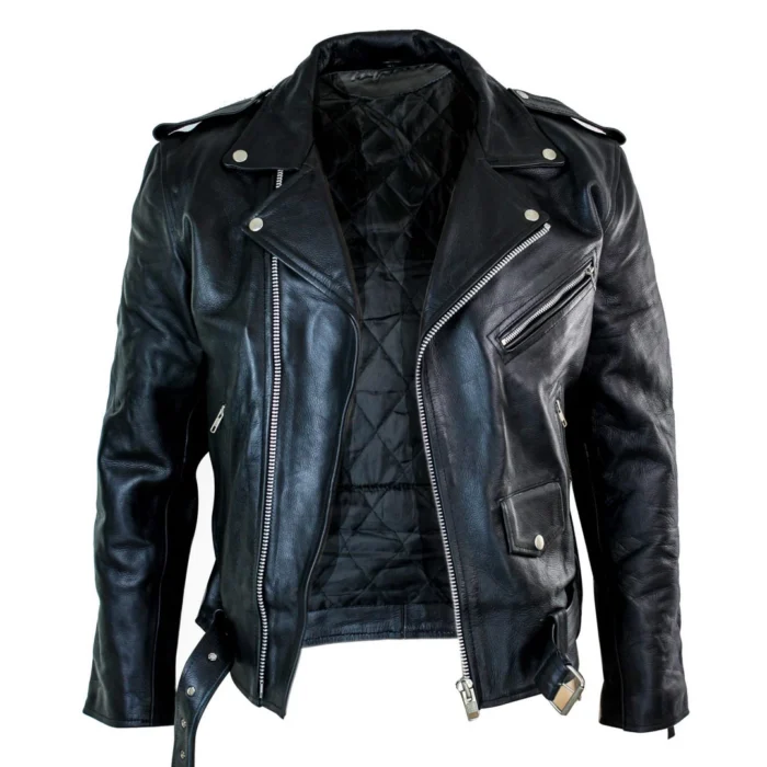 Mens Cow Hide Cross Zip Brando Biker Motorcycle Real Leather Jacket - Image 4