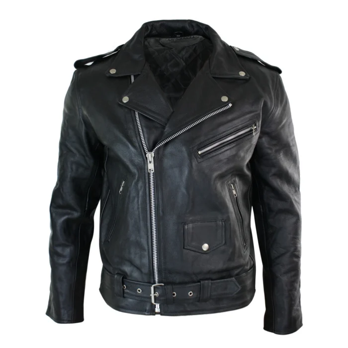 Mens Cow Hide Cross Zip Brando Biker Motorcycle Real Leather Jacket - Image 1