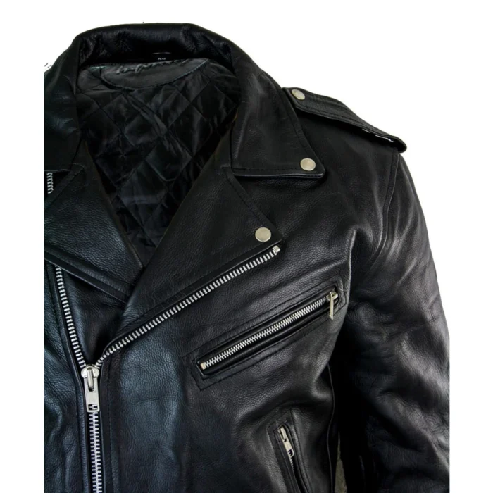 Mens Cow Hide Cross Zip Brando Biker Motorcycle Real Leather Jacket - Image 5