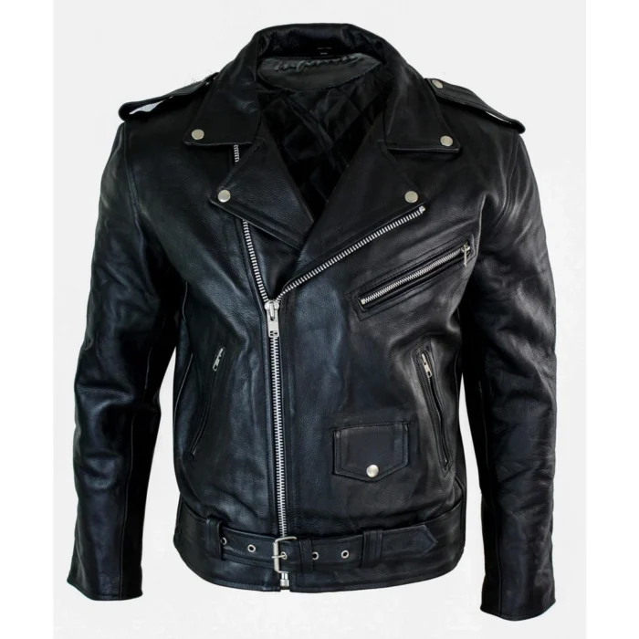 Mens Cow Hide Cross Zip Brando Biker Motorcycle Real Leather Jacket - Image 3