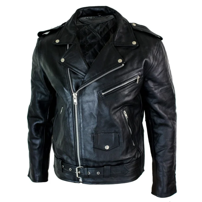 Mens Cow Hide Cross Zip Brando Biker Motorcycle Real Leather Jacket - Image 6