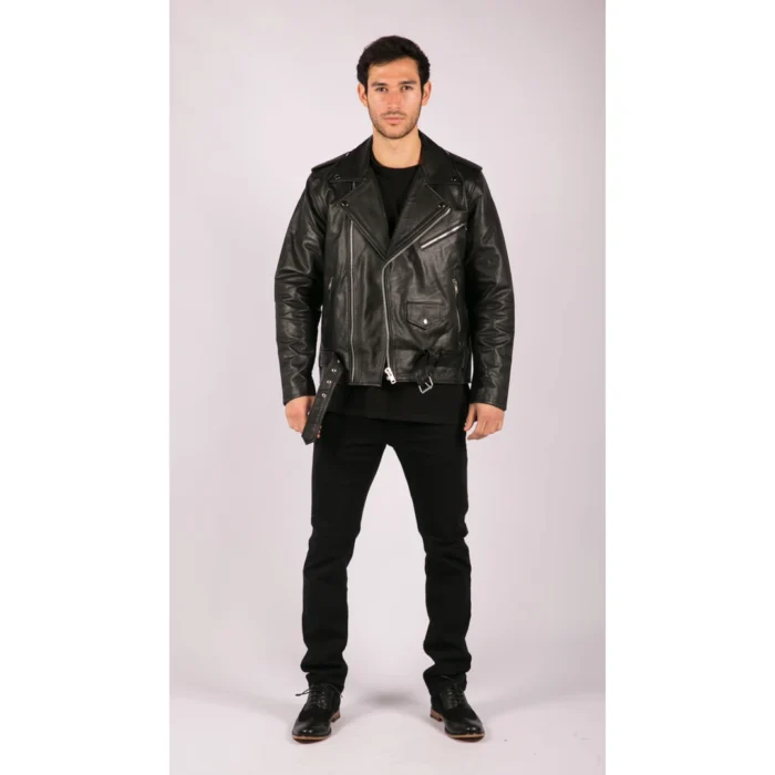 Mens Cow Hide Cross Zip Brando Biker Motorcycle Real Leather Jacket - Image 2