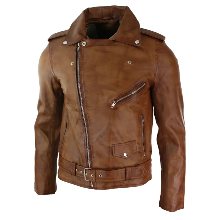 Mens Cow Hide Cross Zip Brando Biker Motorcycle Real Leather Jacket - Image 25
