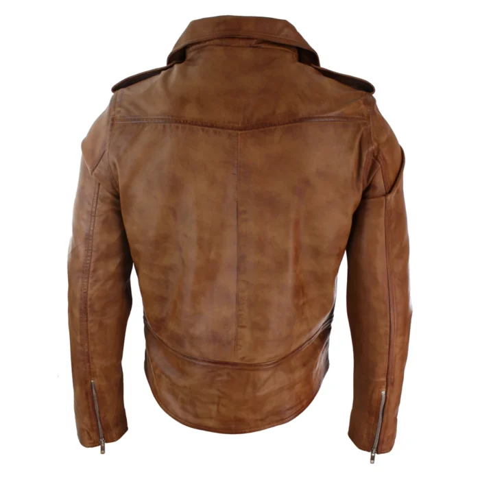 Mens Cow Hide Cross Zip Brando Biker Motorcycle Real Leather Jacket - Image 27