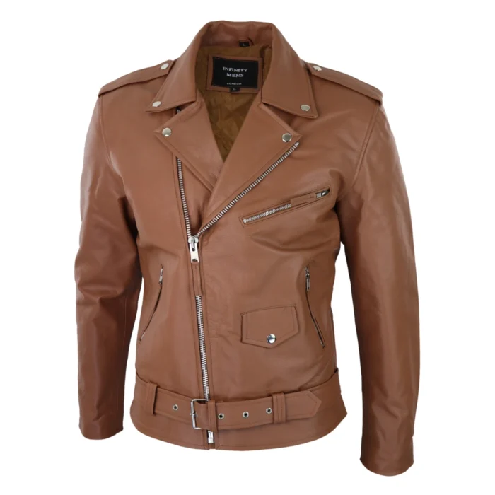 Mens Cow Hide Cross Zip Brando Biker Motorcycle Real Leather Jacket - Image 19