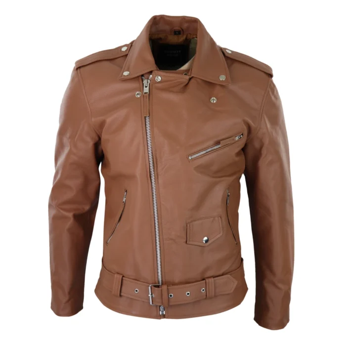 Mens Cow Hide Cross Zip Brando Biker Motorcycle Real Leather Jacket - Image 20