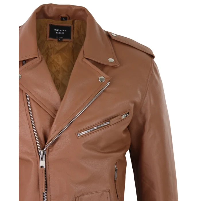 Mens Cow Hide Cross Zip Brando Biker Motorcycle Real Leather Jacket - Image 21