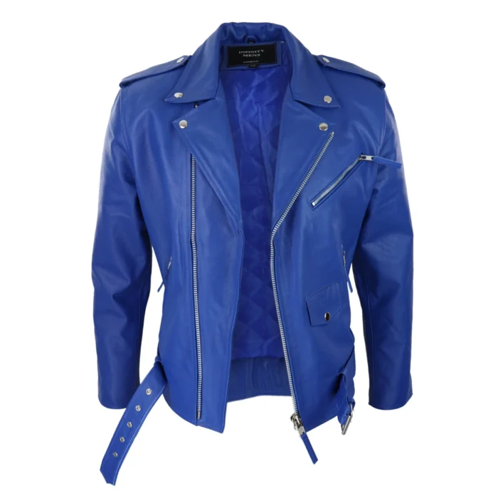 Mens Cow Hide Cross Zip Brando Biker Motorcycle Real Leather Jacket - Image 12