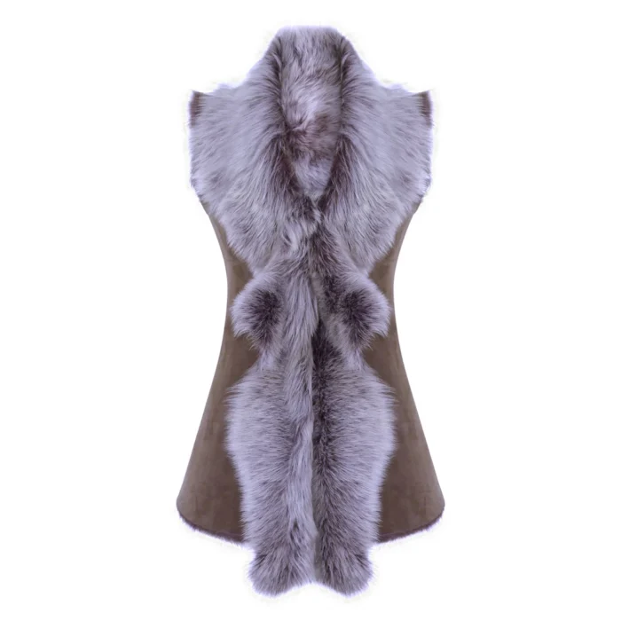 Ladies Women Real Spanish Shearling Sheepskin Toscana Taupe Long Waistcoat Gilet - Image 1