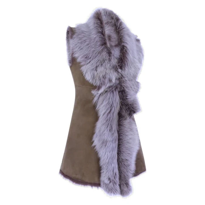 Ladies Women Real Spanish Shearling Sheepskin Toscana Taupe Long Waistcoat Gilet - Image 2