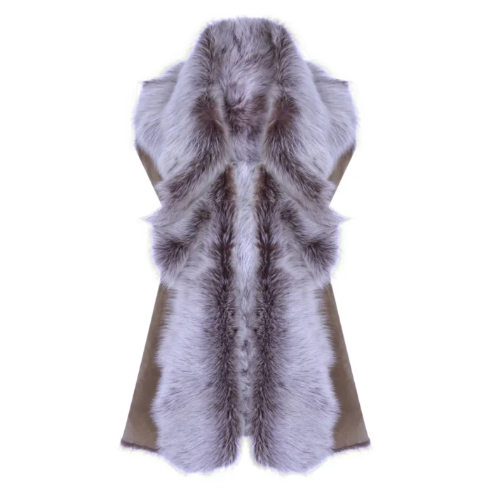 Ladies Women Real Spanish Shearling Sheepskin Toscana Taupe Long Waistcoat Gilet - Image 5
