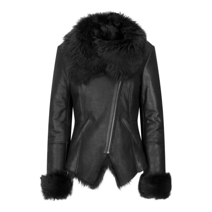 Womens Short Toscana Sheepskin Cross Zip Soft Classic Slim Fit Winter Warm - Image 1