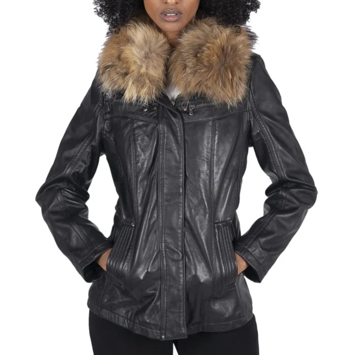 Womens Real Leather Short Parka Jacket Coat Fur Hood Zipped Brown Tan Black - Image 1