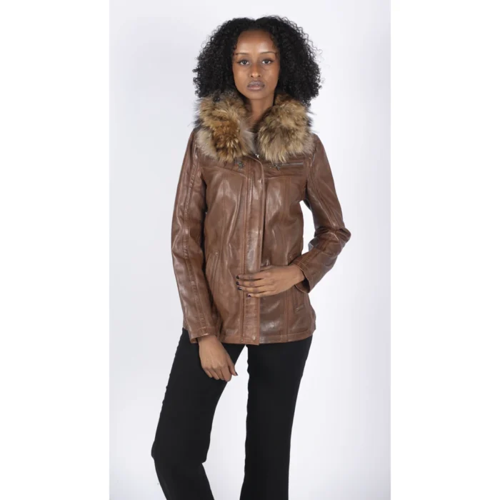 Womens Real Leather Short Parka Jacket Coat Fur Hood Zipped Brown Tan Black - Image 10