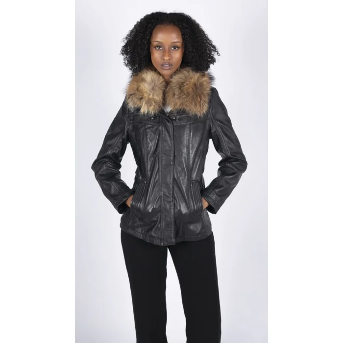 Womens Real Leather Short Parka Jacket Coat Fur Hood Zipped Brown Tan Black - Image 3