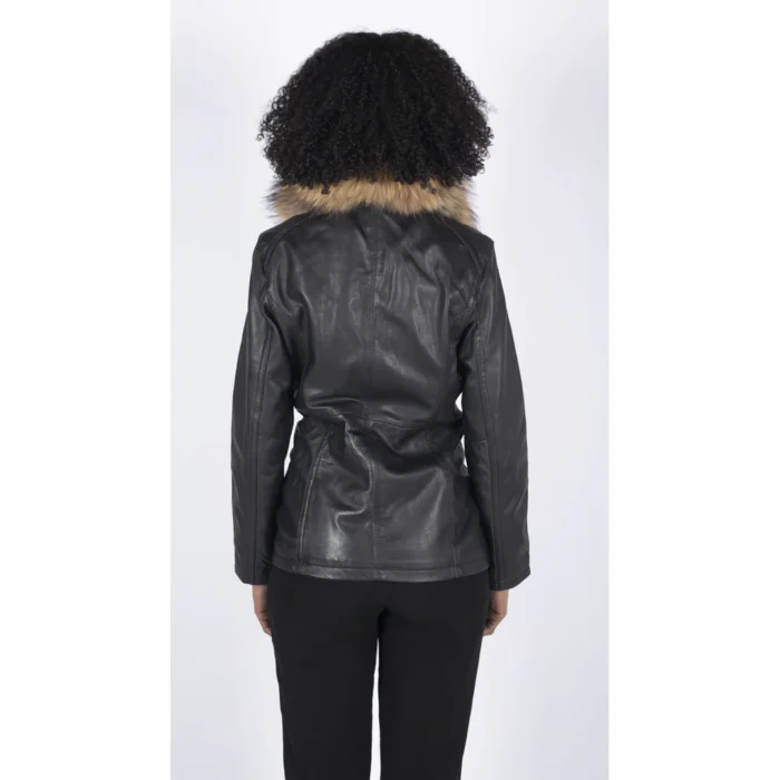 Womens Real Leather Short Parka Jacket Coat Fur Hood Zipped Brown Tan Black - Image 5